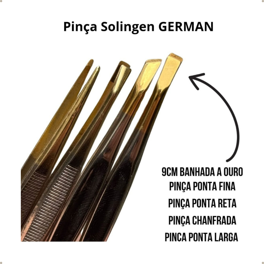 Kit 4 Pinças Edel Solingen Ponta Fina + Ponta Reta + Ponta Larga + Ponta Chanfrada 9CM Banhada a Ouro
