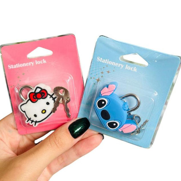Imagem Cadeado Infantil Stitch e Hello Kitty Chave Reserva Personagem Filme Cadeadinho Presente Fofo Viagem