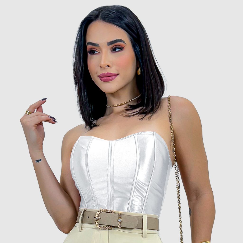 Cropped Corset Feminino Bico Acetinado Luxo Amarração Top