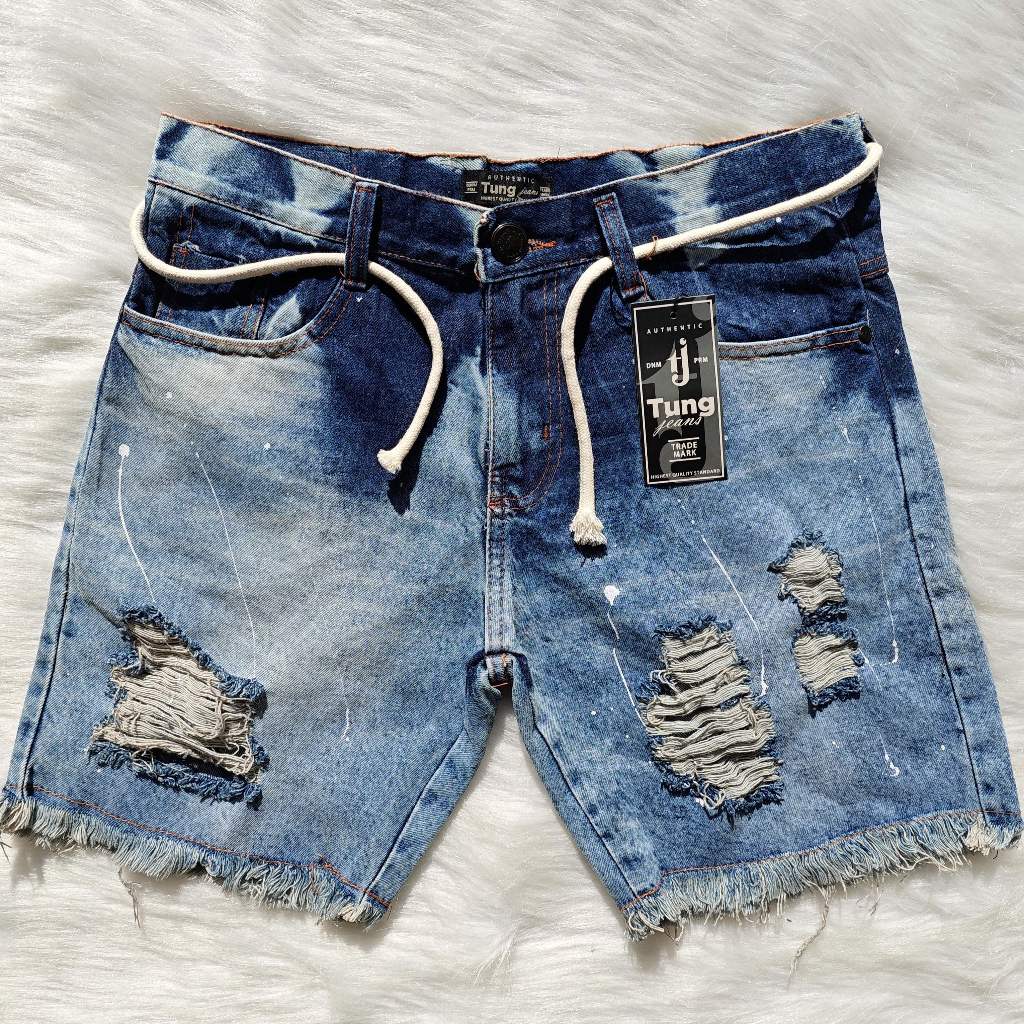 Bermuda Jeans curta curtinha corda cinto masculino rasgados Short jogador Azul escuro e azul claro