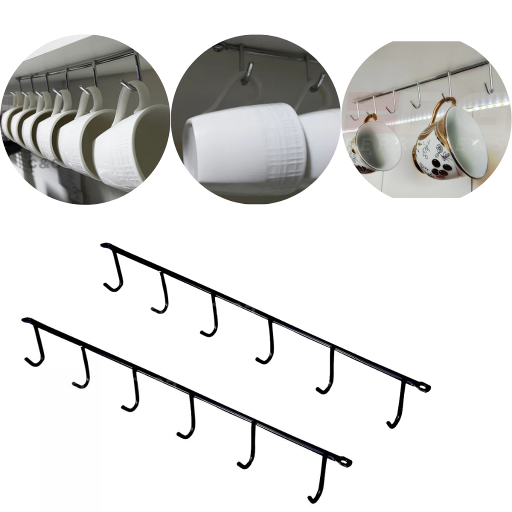 Kit 2 Suporte Organizador Porta Xicaras 30cm 6 Ganchos Preto Suspenso Pendurar Interior Armário Cozinha Antiferrugem