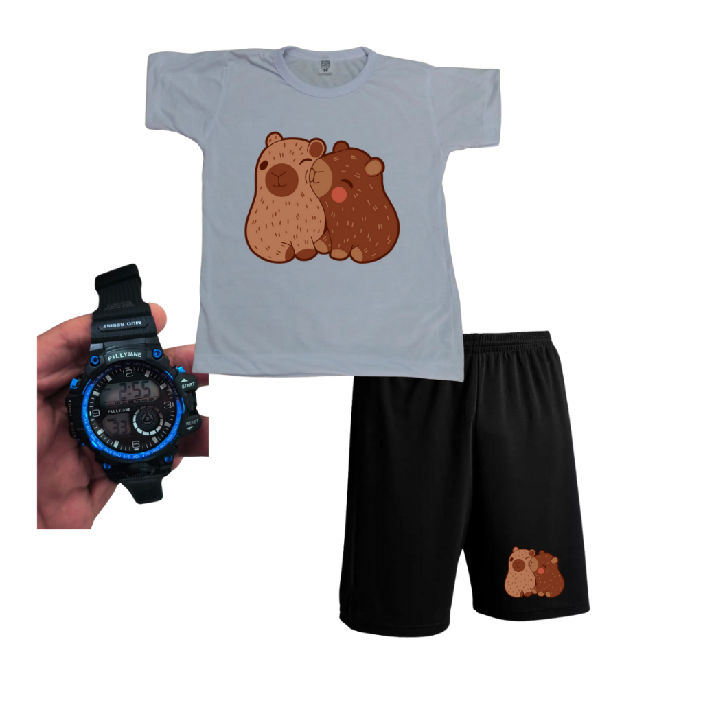 CONJUNTO INFANTIL CASAL CAPIVARA CAMISETA+SHORT+ACESSORIO 4 AO 16