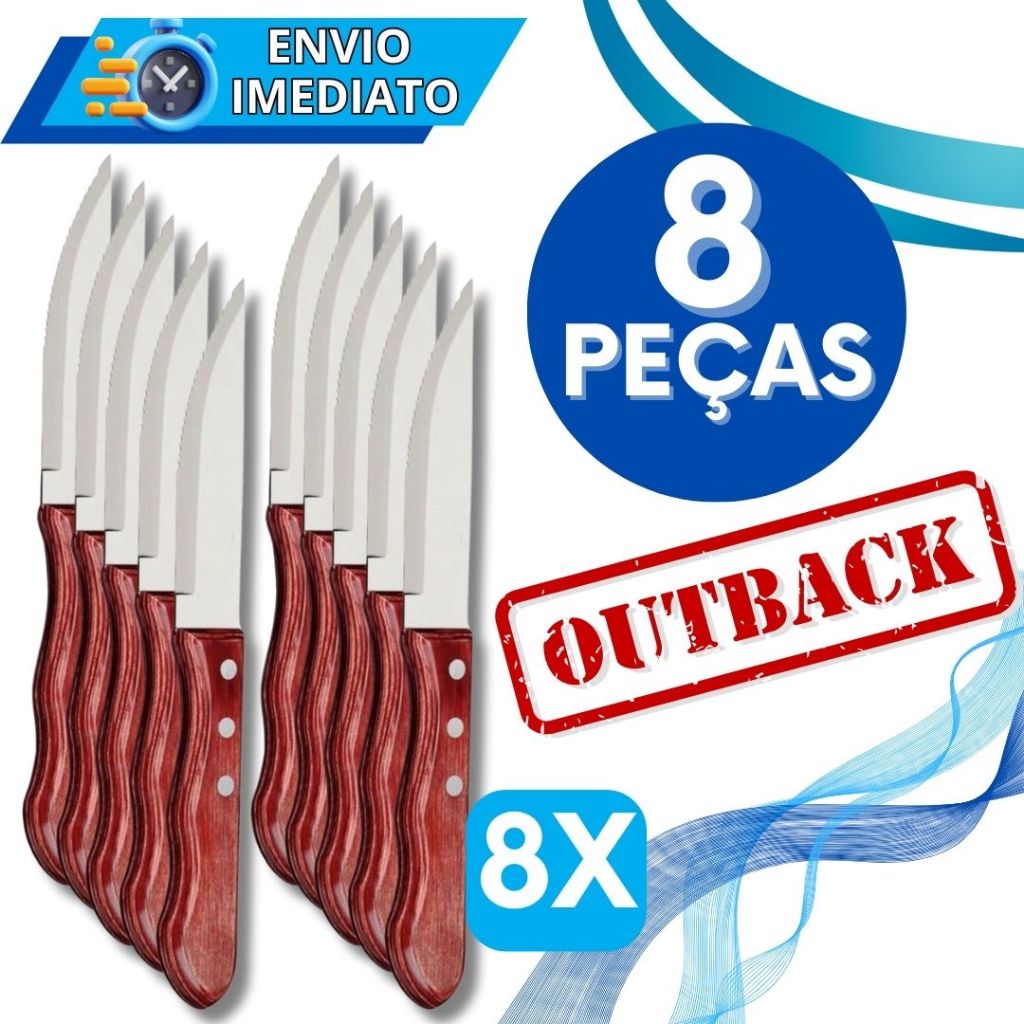 Jogo de Talher KIT 8 Peças Faca Para Churrasco Inox Cabo De Madeira Jumbo Wooden Faca Outback para Carnes Casa Cozinha