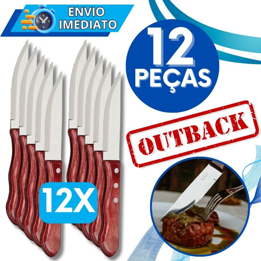 Jogo de Talher KIT 12 Peças Faca Para Churrasco Inox Cabo De Madeira Jumbo Wooden Faca Outback para Carnes Casa Cozinha