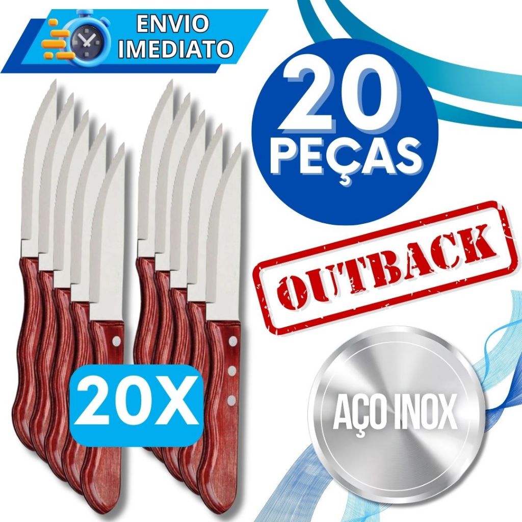 Jogo de Talher KIT 20 Peças Faca Para Churrasco Inox Cabo De Madeira Jumbo Wooden Faca Outback para Carnes Casa Cozinha