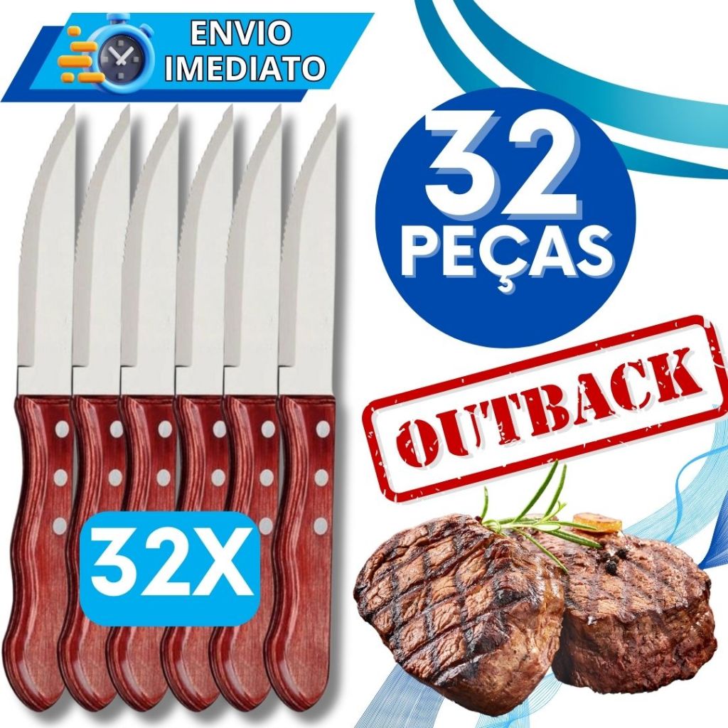 Jogo de Talher KIT 32 Peças Faca Para Churrasco Inox Cabo De Madeira Jumbo Wooden Faca Outback para Carnes Casa Cozinha