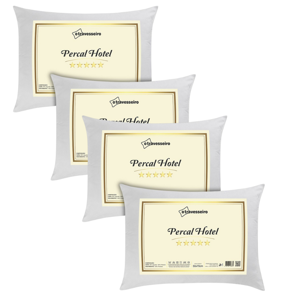 Kit 4 Travesseiro Luxo Percal Hotel 100% Fibra Siliconada Toque macio Lavável