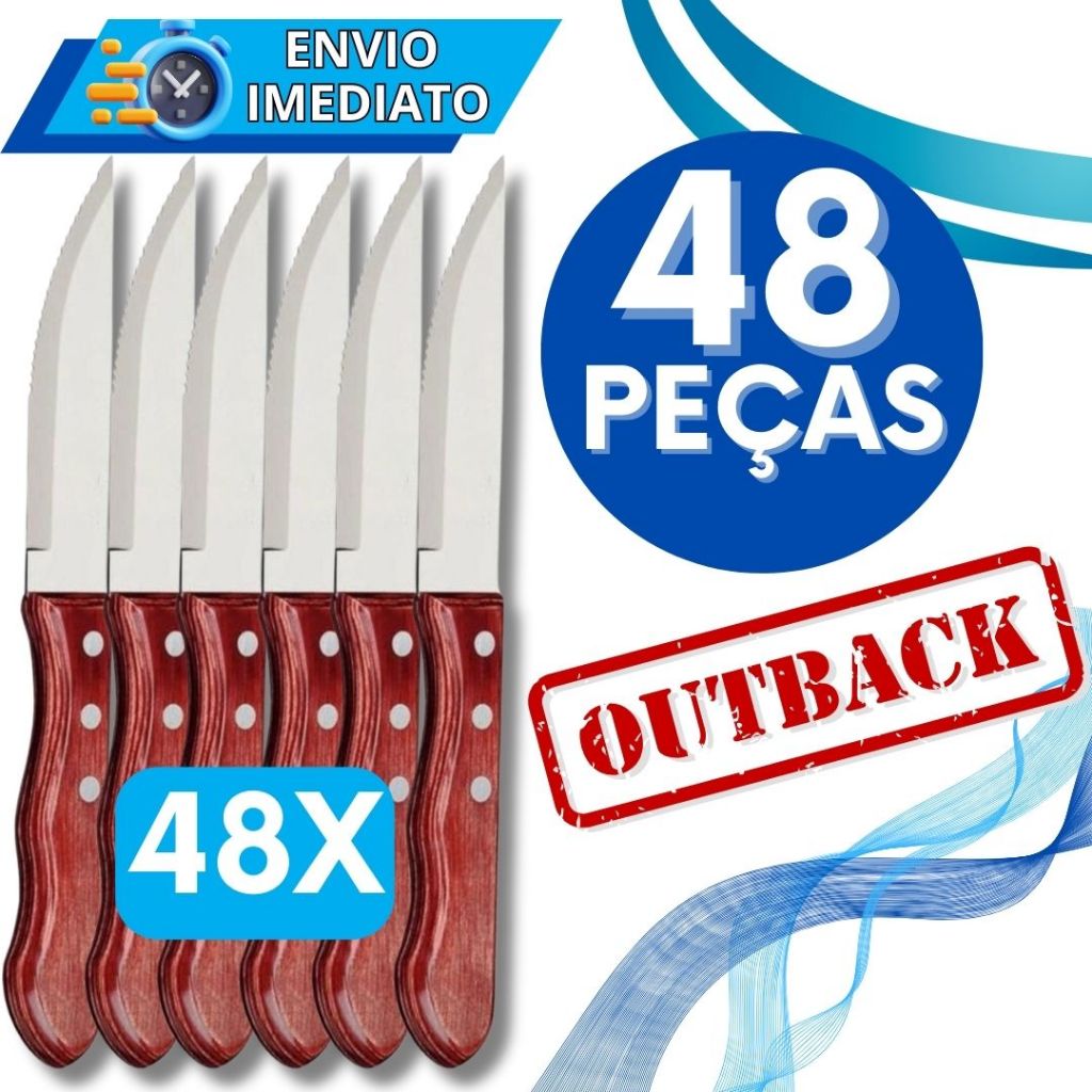 Jogo de Talher KIT 48 Peças Faca Para Churrasco Inox Cabo De Madeira Jumbo Wooden Faca Outback para Carnes Casa Cozinha