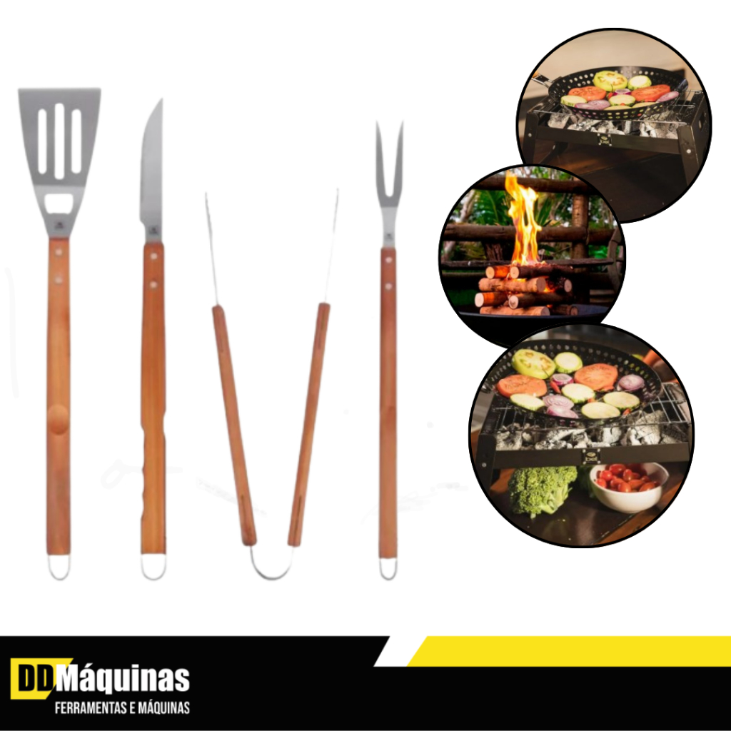 Kit Para Churrasco Inox Cabo de Madeira Grande 4 Peças - Bel