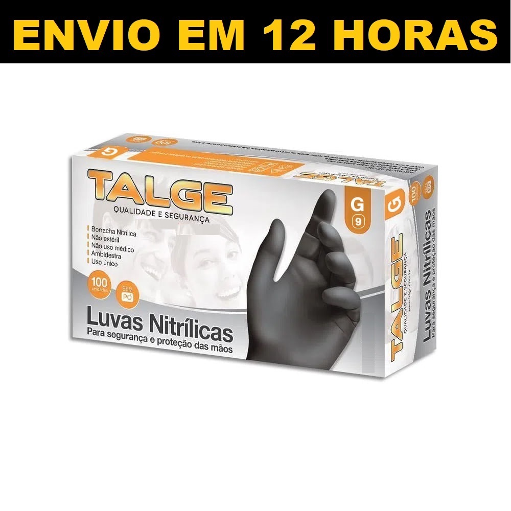Kit 10 Luva Nitrílica Preta Black Sem Pó 1000 Unidades Talge