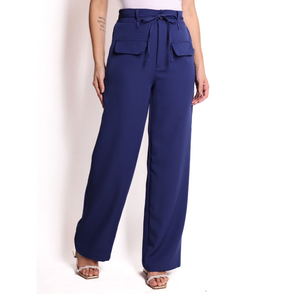 Calça Feminina Alfaiataria Cintura Alta Com Elástico E Bolsos Social COD 149 em Oferta na Shopee