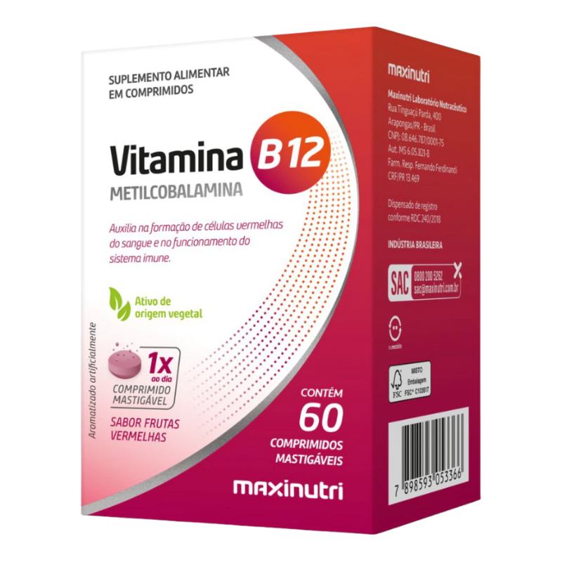 Vitamina B12 Metilcobalamina - 60 Comprimidos Mastigáveis Maxinutri - B12