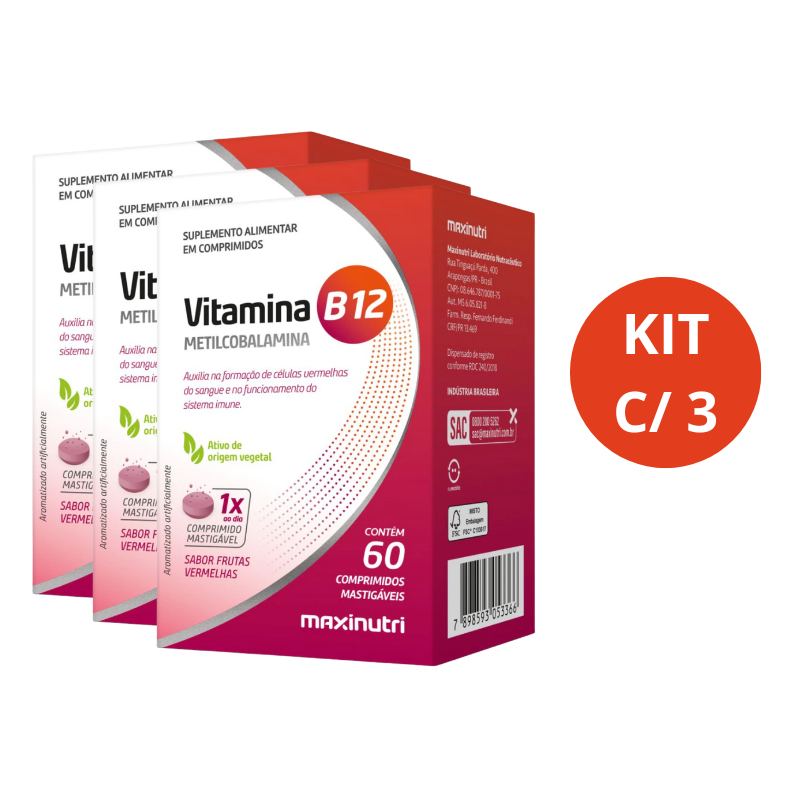 KIT C/3 Vitamina B12 Metilcobalamina - 60 Comprimidos Mastigáveis Maxinutri - B12