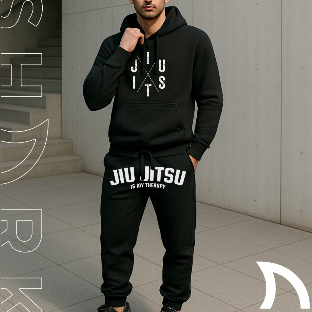 Conjunto Moletom Flanelado Com Capuz Calça Jogger Inverno Frio Casual Jiu Jitsu Artes Marciais Esportivo