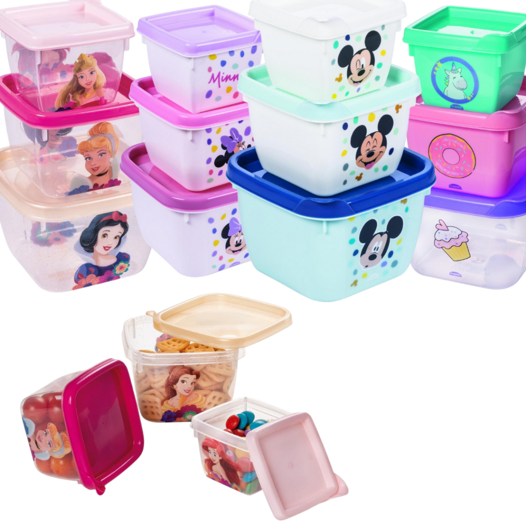 Kit 3 Potes Lancheira Princesa Mickey Minnie Unicórnio Passeio Infantil