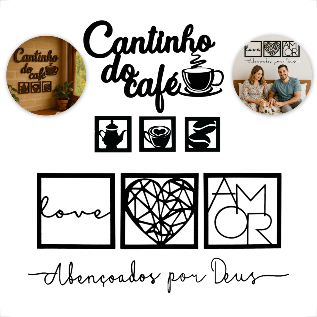 Kit 6 Plaquinhas + 2 Letreiros Cantinho do Café e Abençoados Por Deus Em Mdf