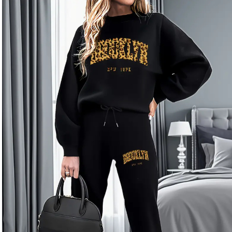 Conjunto Feminino Quentinho Brooklyn Oncinha Moletom Gola Redonda Calça Flanelada Inverno Tendencia