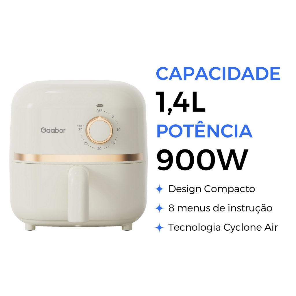 Air Fryer Gaabor 1,4L 900W – Compacta, Sem Óleo, Controle de Temperatura, 127V