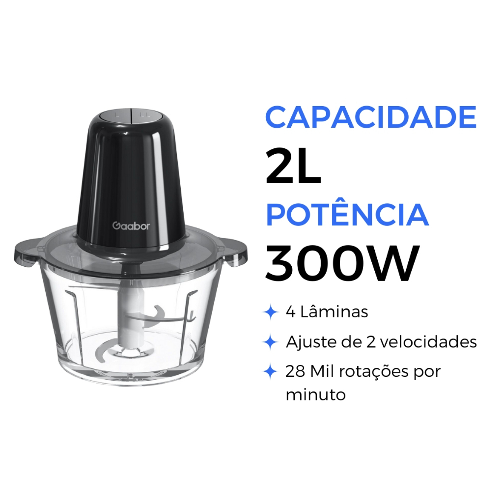 Processador Gaabor 2L 300W – 4 Lâminas Inox, Copo de Vidro, Ideal para Legumes e Carnes - Home Appliances