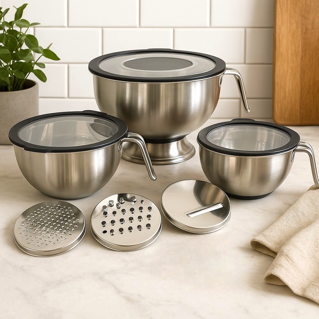 Kit Inox Luxo Profissional Bowl Ralador Tigela com Alça e 3 Discos Tampa Hérmetica Emborra...