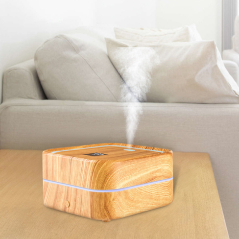Umidificador e Difusor de Aroma com Efeito Madeira  Design Quadrado | LED 7 Cores Aromaterapia e Cromoterapia