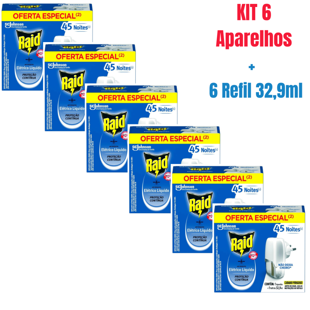 Kit 6 Aparelho Repelente Raid Elétrico + 6 Refil 45 Noites 32,9ml em Oferta na Shopee