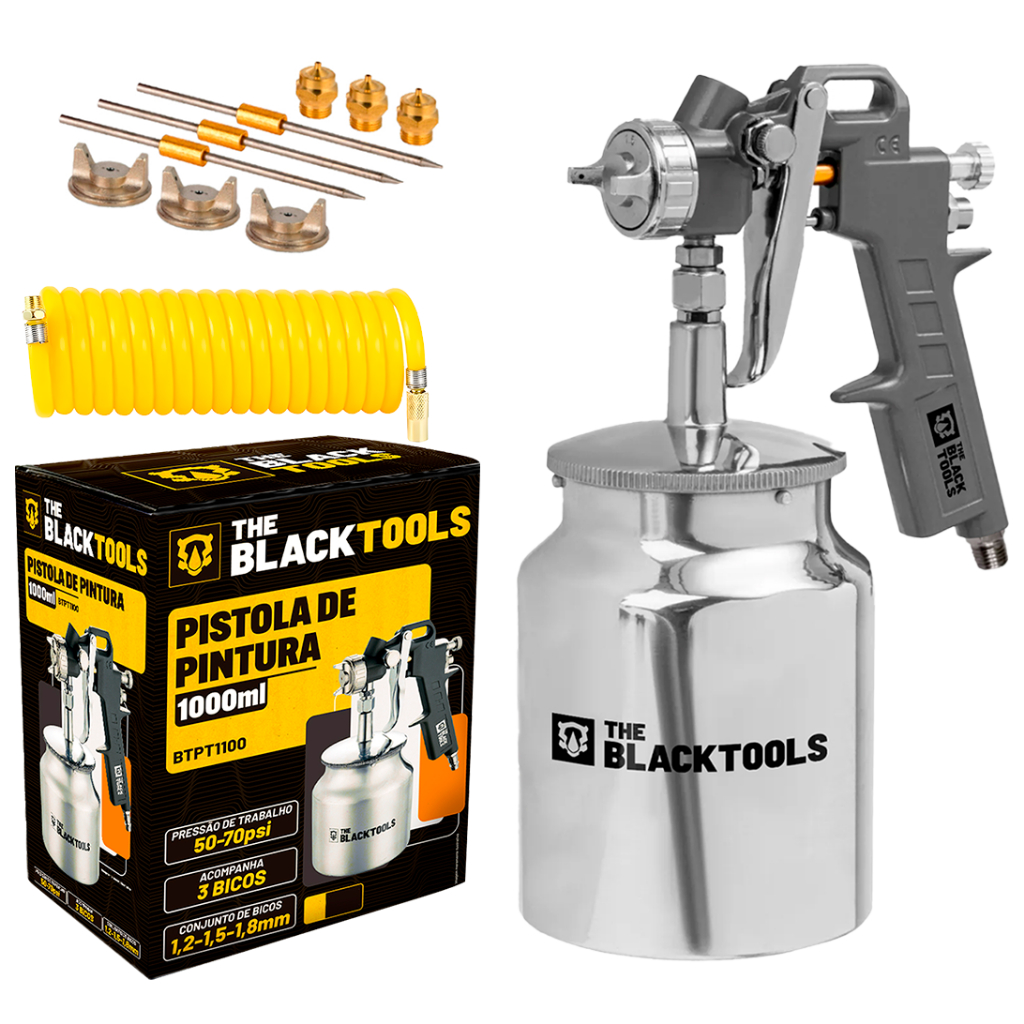 Pistola De Pintura Sucçao 1000ml + Mangueira Espiral 1/4 The Black Tools Btpt1100 - Home & Living