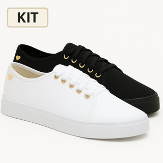 Kit 2 Tênis Feminino Pingente Coração Casual Confortável Branco Preto em Oferta na Shopee