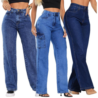 Calça Jeans Feminina Wide Leg Pantalona Cargo  Cintura Alta Premiun 100% Algodão De Luxo Elegante em Oferta na Shopee