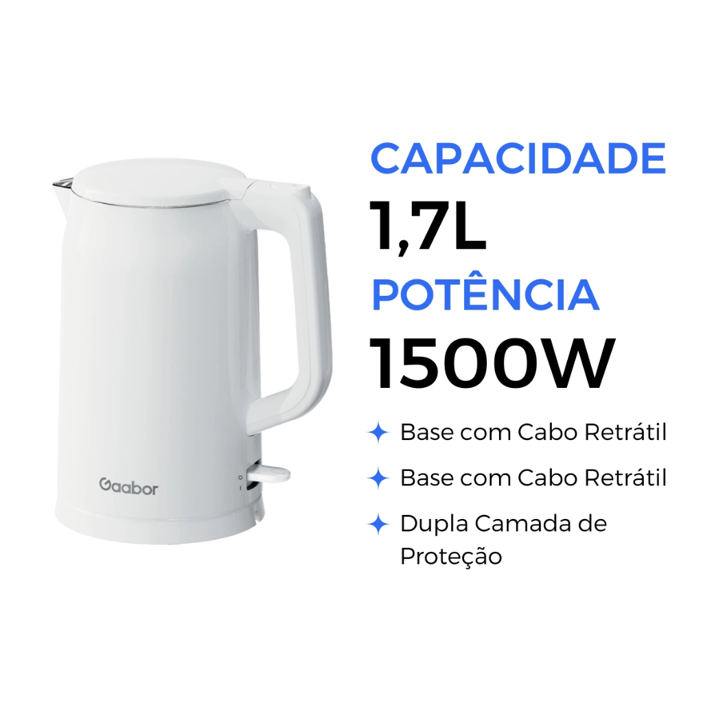 Chaleira Elétrica Gaabor 1,7L | Inox | Cabo Retrátil | 1500W | Filtro - Home Appliances