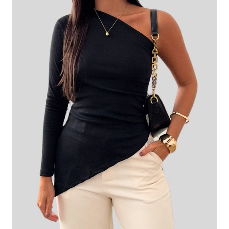 Blusa feminina / manga longa, blusa feminina assimétrica de um ombro só, ribana canelada grossa – moda tendência 23