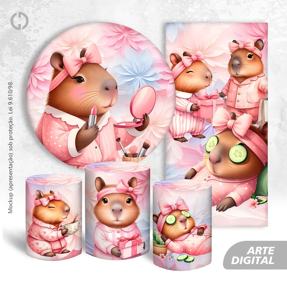 KIT 5 PEÇAS TEMA CAPIVARA CUTE REDONDO 1,5M DE DIAMETRO + 3 CILINDROS G,M,P + 1 VERTICAL LATERAL