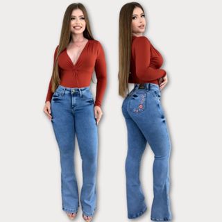Calça Flare Jeans Feminina Bordada Cintura Alta Levanta Bumbum com Elastano em Oferta na Shopee