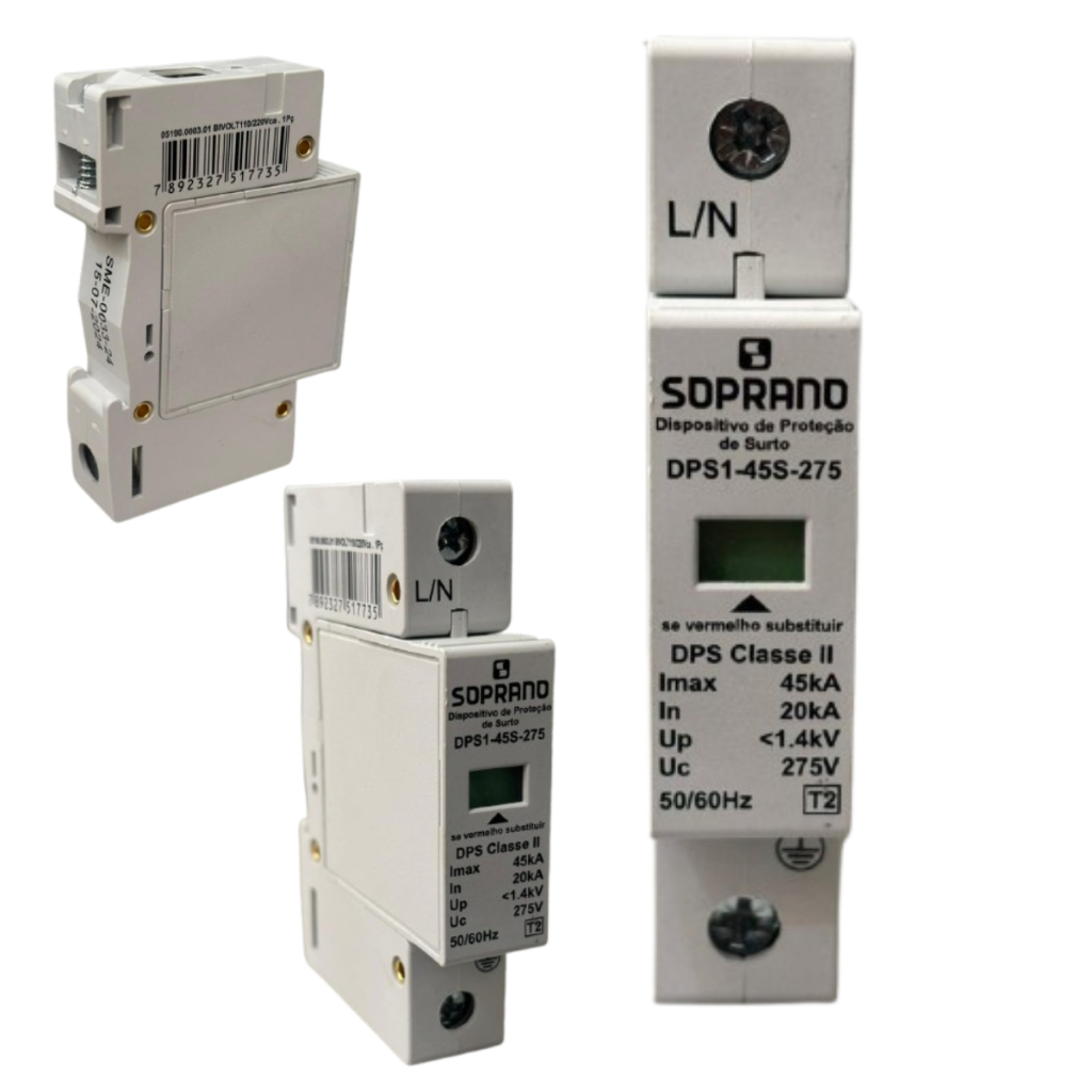 KIT com 4 DPS Protetor de Surto  Anti Raio 1 polo de 45ka 275v Bivolt  F/n  Marca Soprano