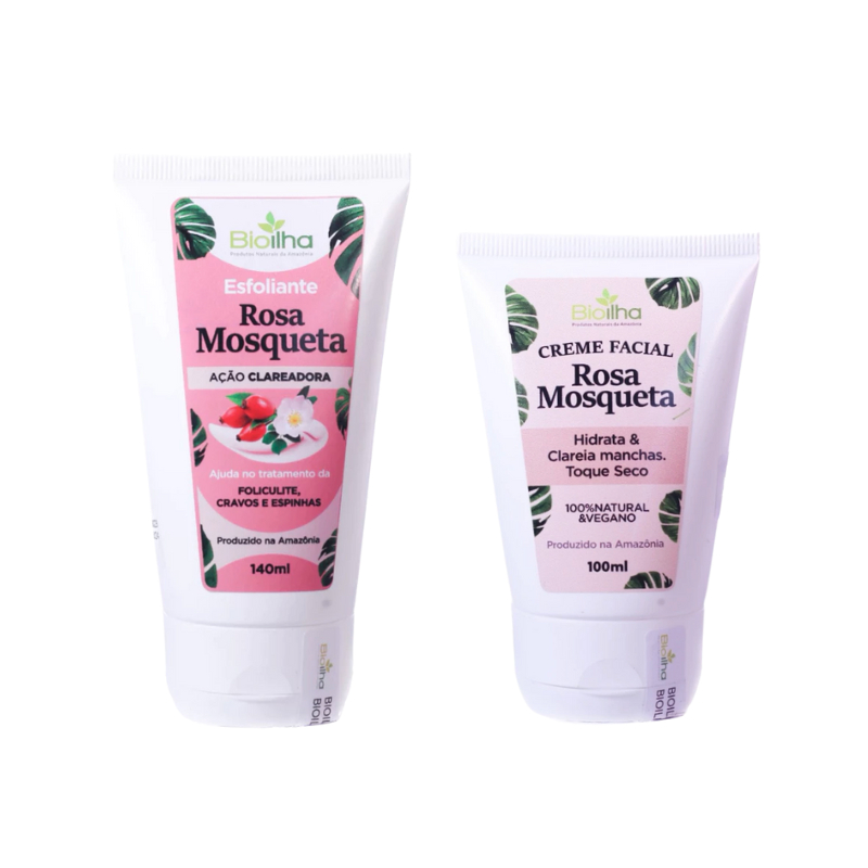 Kit Facial Clareador Rosa Mosqueta Bioilha | Creme Hidratante + Esfoliante 140ml | Pele Uniforme