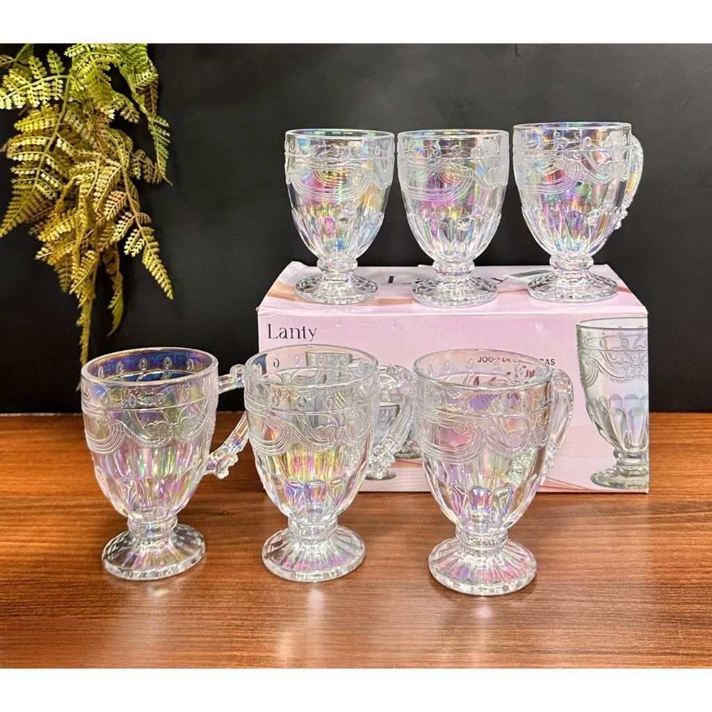 Conjunto 6 Canecas C/Pé Vidro Cristal Âmbar Dourada Rainbow Fruta190ml Taças Ambar Xicaras cafe cha