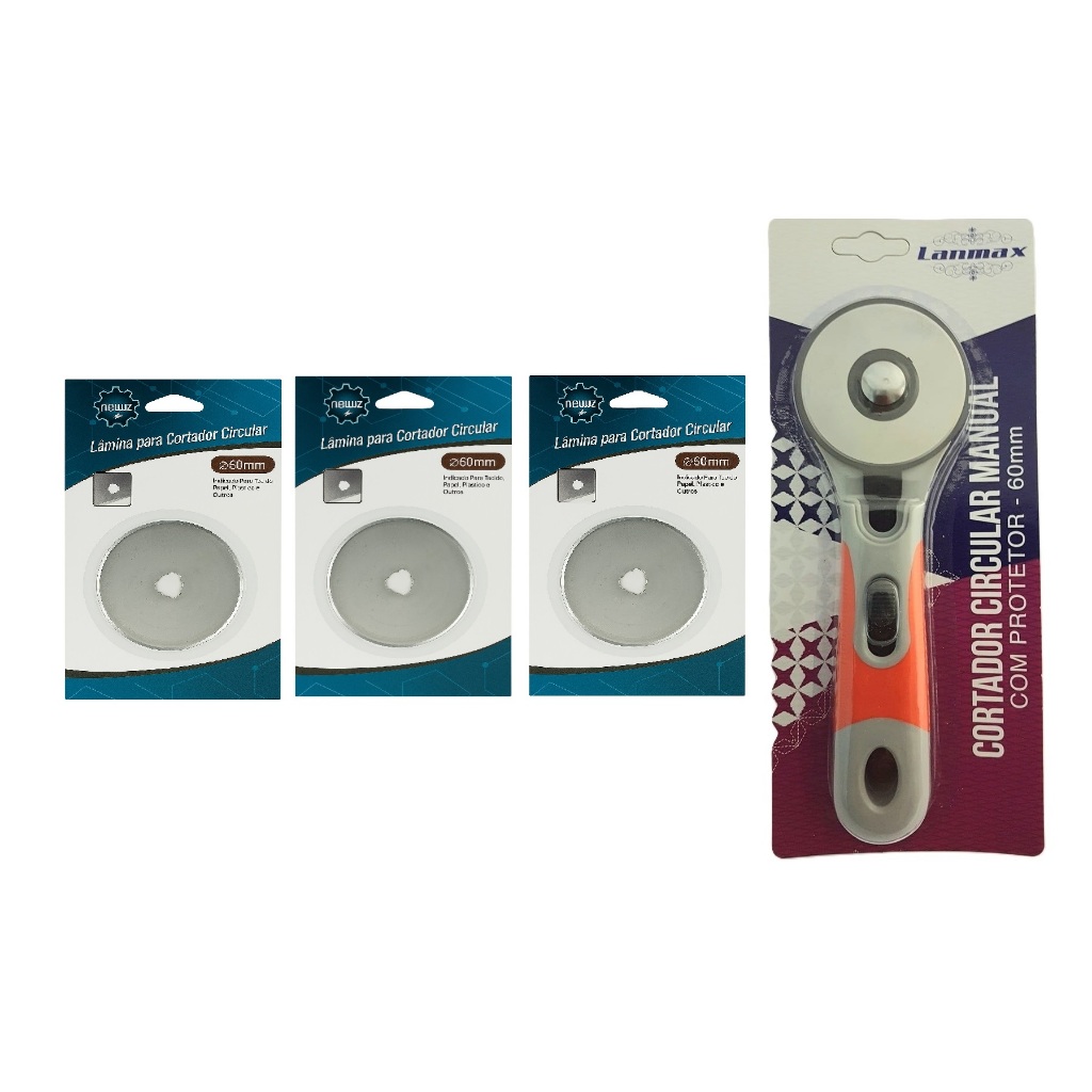 Kit Cortador Circular Manual Lâmina 60mm + 3 Laminas Extra Cabo Emborrachado Com Protetor Perfeito
