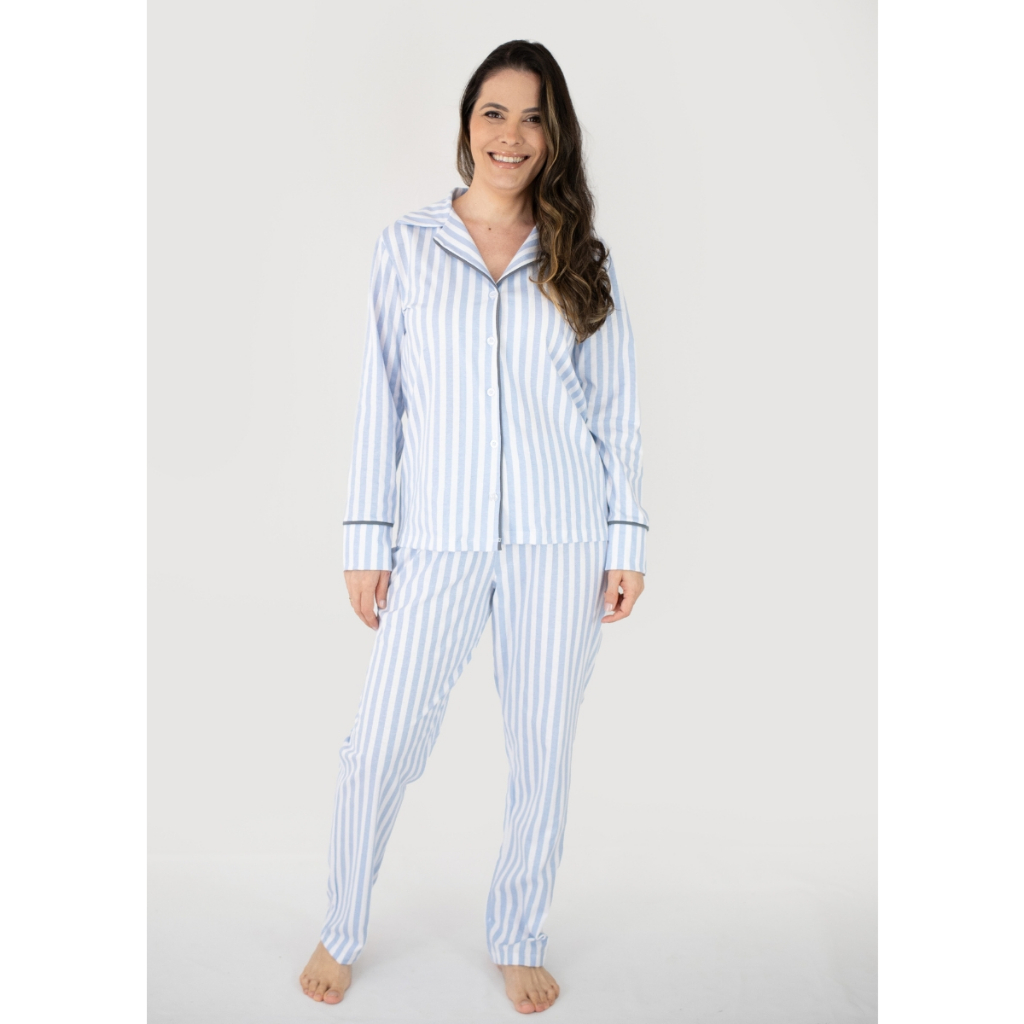 Pijama Americano Feminino Longo Algodão Amamentação Pós- Cirúrgico - Listrado Azul
