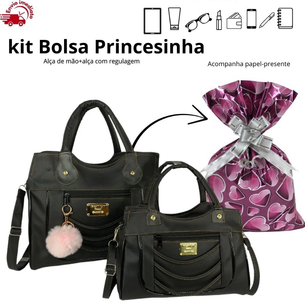 Kit 2 Bolsas Feminina Transversal Tiracolo Lado Grande e Pequena 2 Divisorias e 2 Alças + Chaveiro Pom Pom
