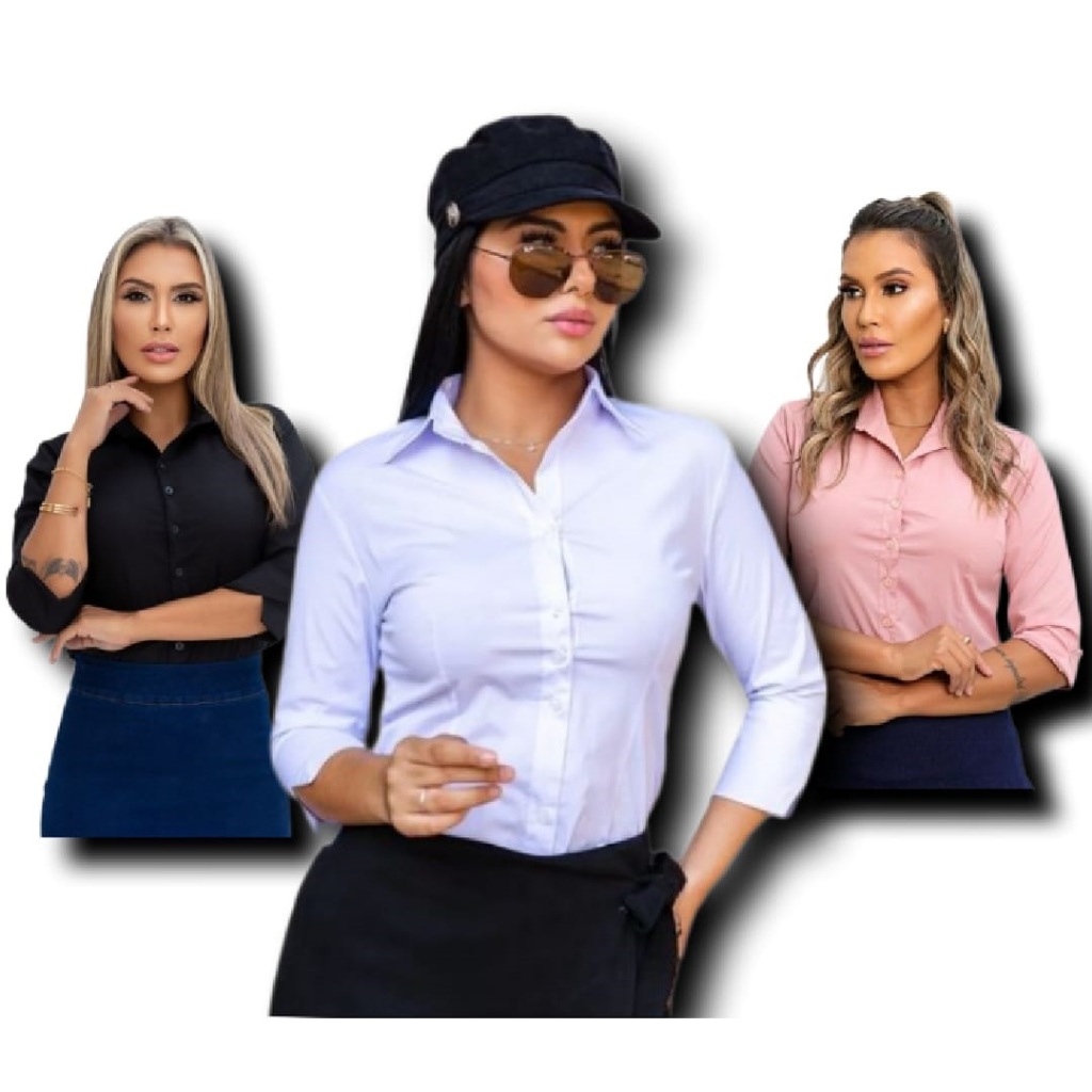 Camisa  Feminina Detalhada Manga 3/4 Uniforme Social Basica em Oferta na Shopee