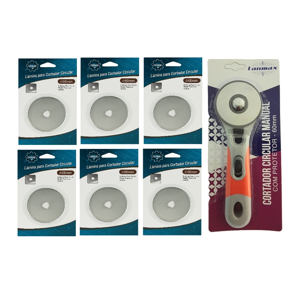 Kit Cortador Circular Manual Lâmina 60mm + 6 Laminas Extra Cabo Emborrachado Protetor Artesanato