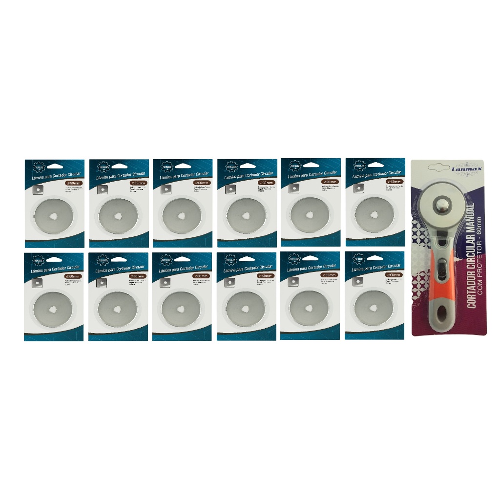 Kit Cortador Circular Manual Lâmina 60mm + 12 Laminas Extra Cabo Emborrachado Protetor Artesanato