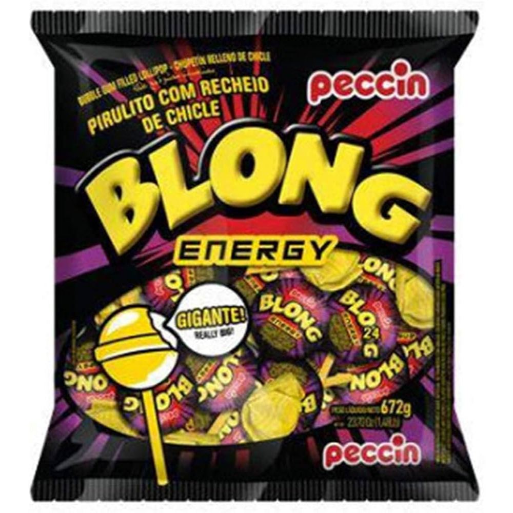 Pirulito Blong Gigante Peccin 672g c/24un | Recheio Chiclete Energy Mix Frutas Tropicais, Roxas e Maçã Verde, Festa, Lem