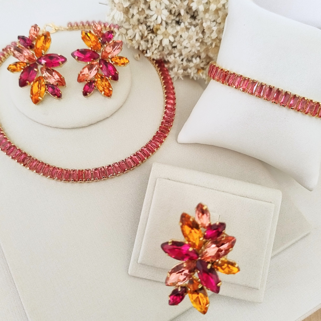 CHOCKER BRINCO ANEL PULSEIRA TURIM PINK TONS CORAL
