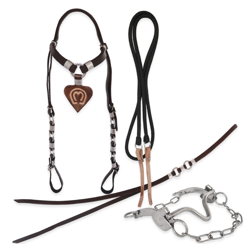 Cabeçada em couro marrom para cavalos + freio + rédea e chicote combo oferta!