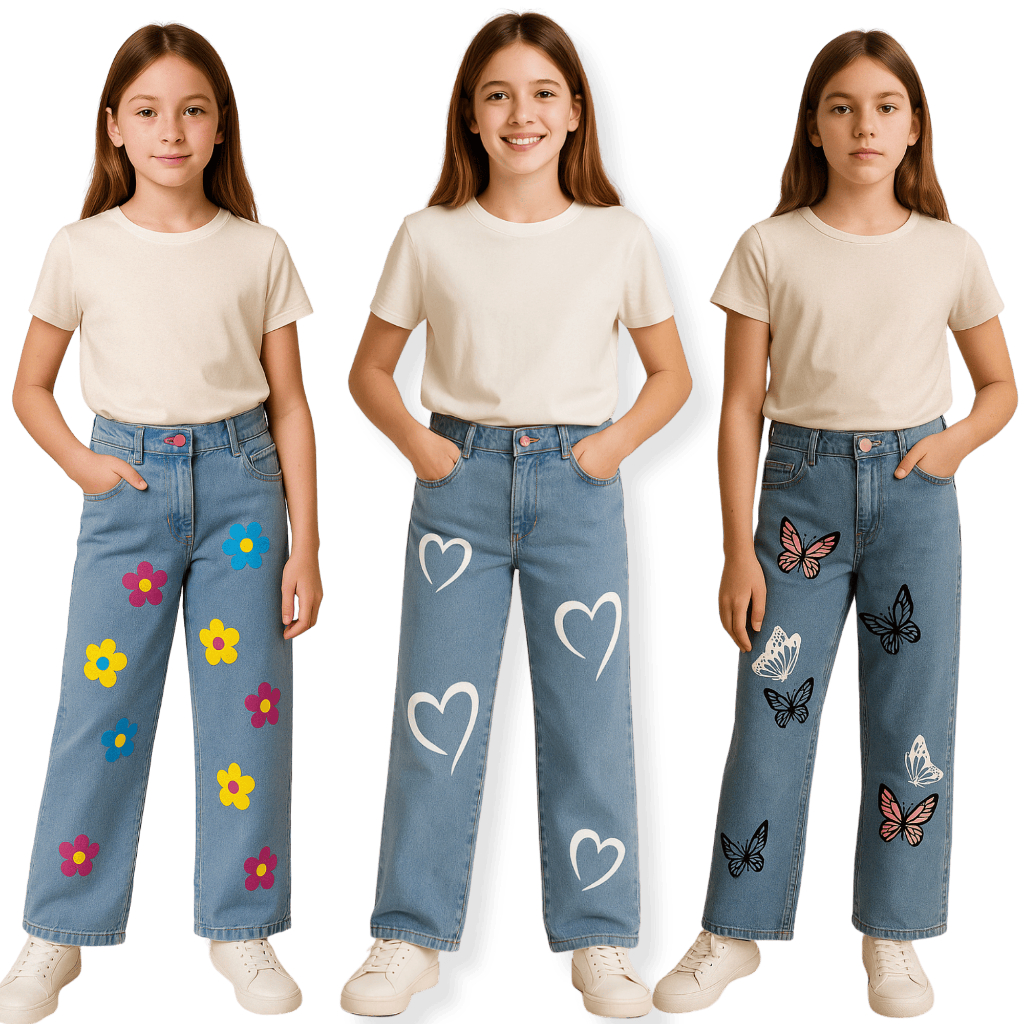Calça Infantil Meninas Wide Leg Jeans Feminina Personagem Estilosa Barra Larga Criança Juv...