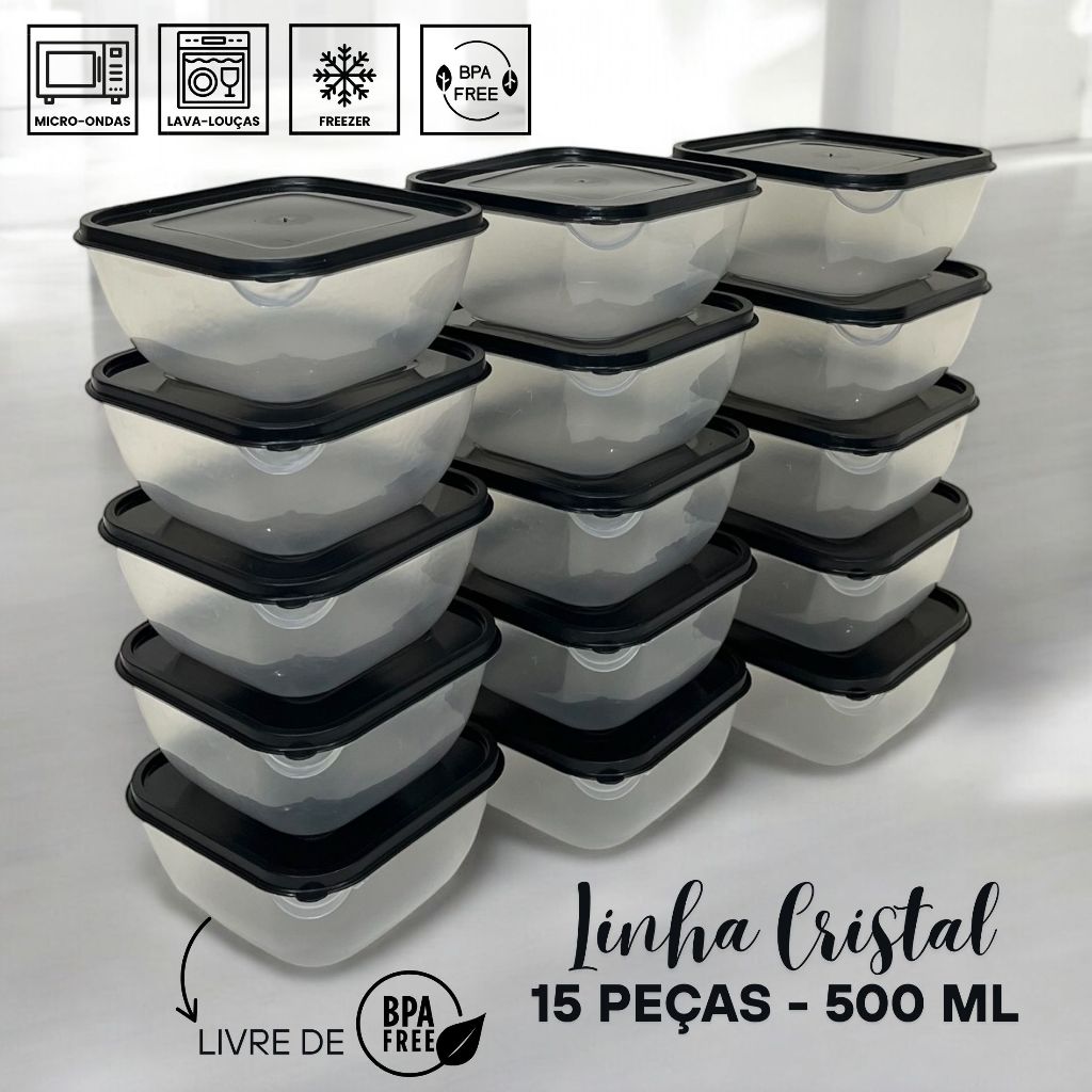 Kit 15 Potes Quadrados 500 ML Linha Cristal Premium Livre de BPA Marmita Fitness Transparente em Oferta na Shopee