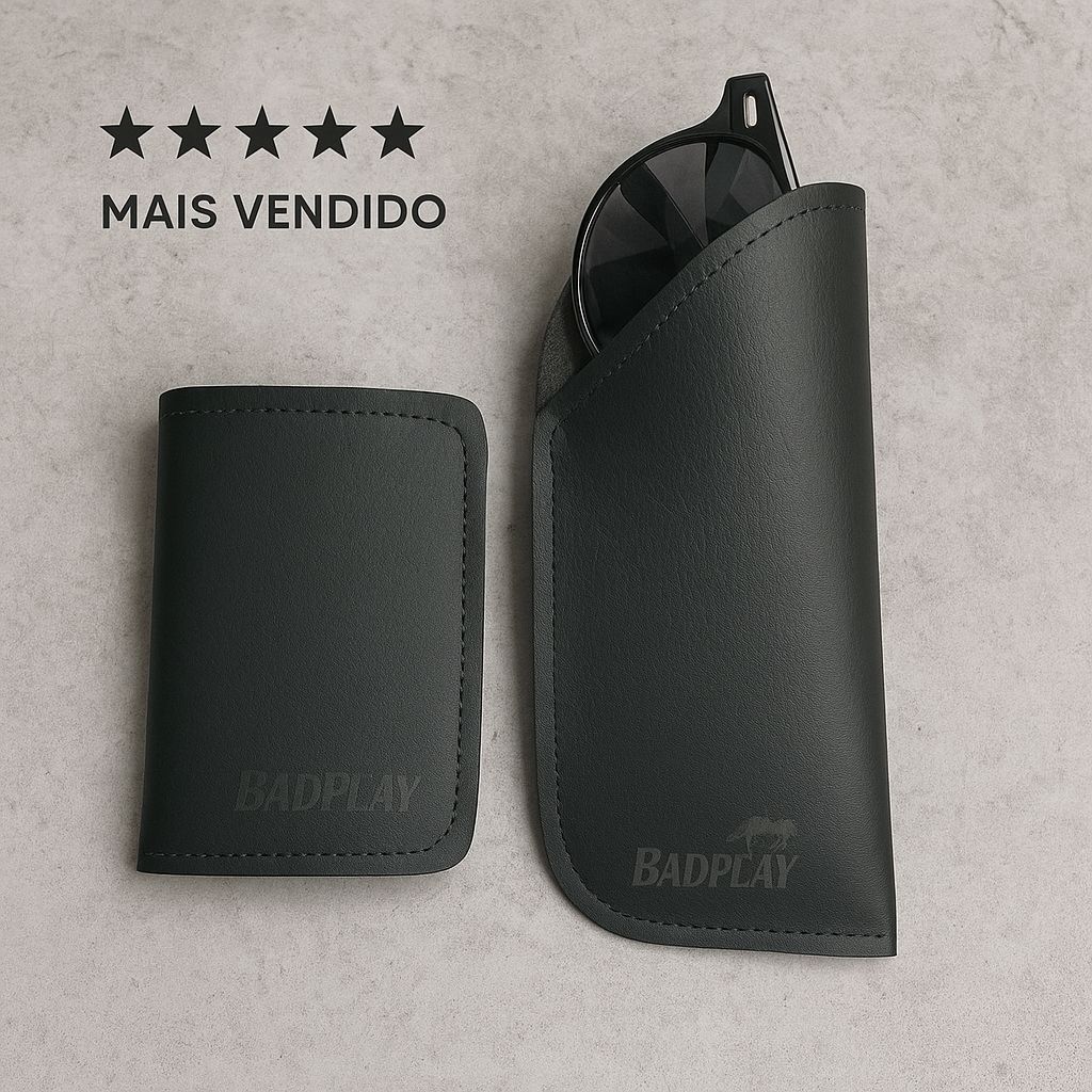 Porta Óculos Couro Minimalista Case Óculos de Sol + Carteira Porta Cartão CNH Couro Discreta Exclusivo