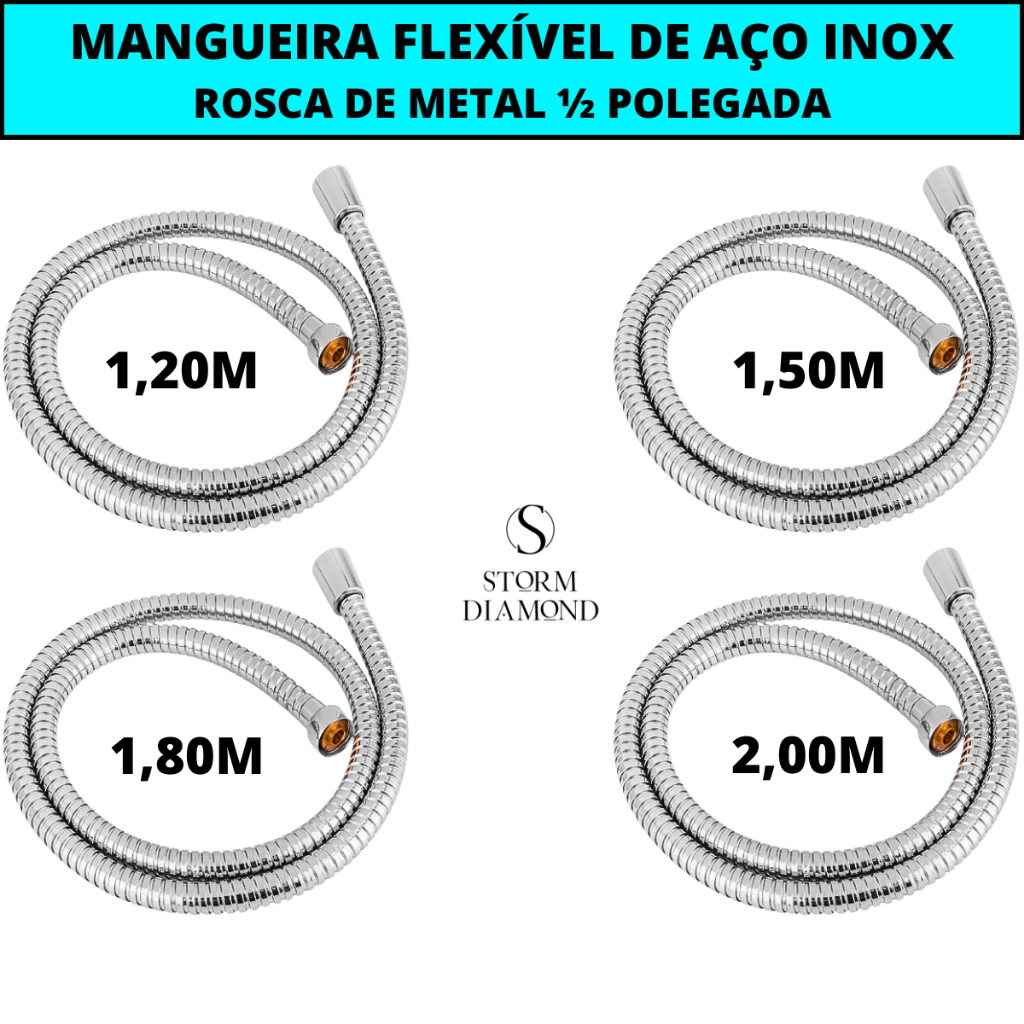 Engate Mangueira Flexível Aço Inox 1,20m 1,50m 1,80m Ou 2,00m Para Ducha Higiênica Chuveiro Banheiro