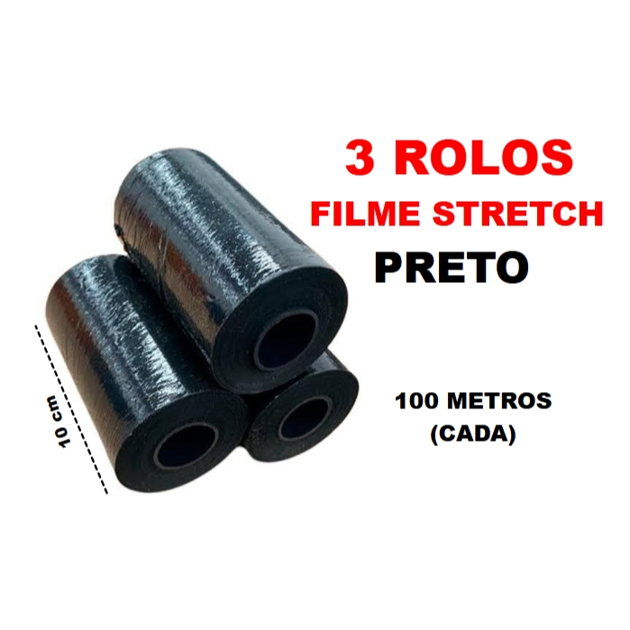 3 Filme Stretch 10cm Preto, Empacotar mala, Enxertia etc.. 100 Metros